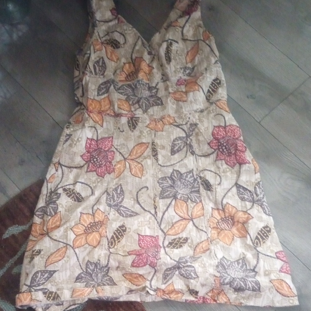 Reitmans Floral V-Neck Mini Dress - Cream, Pink, Orange
